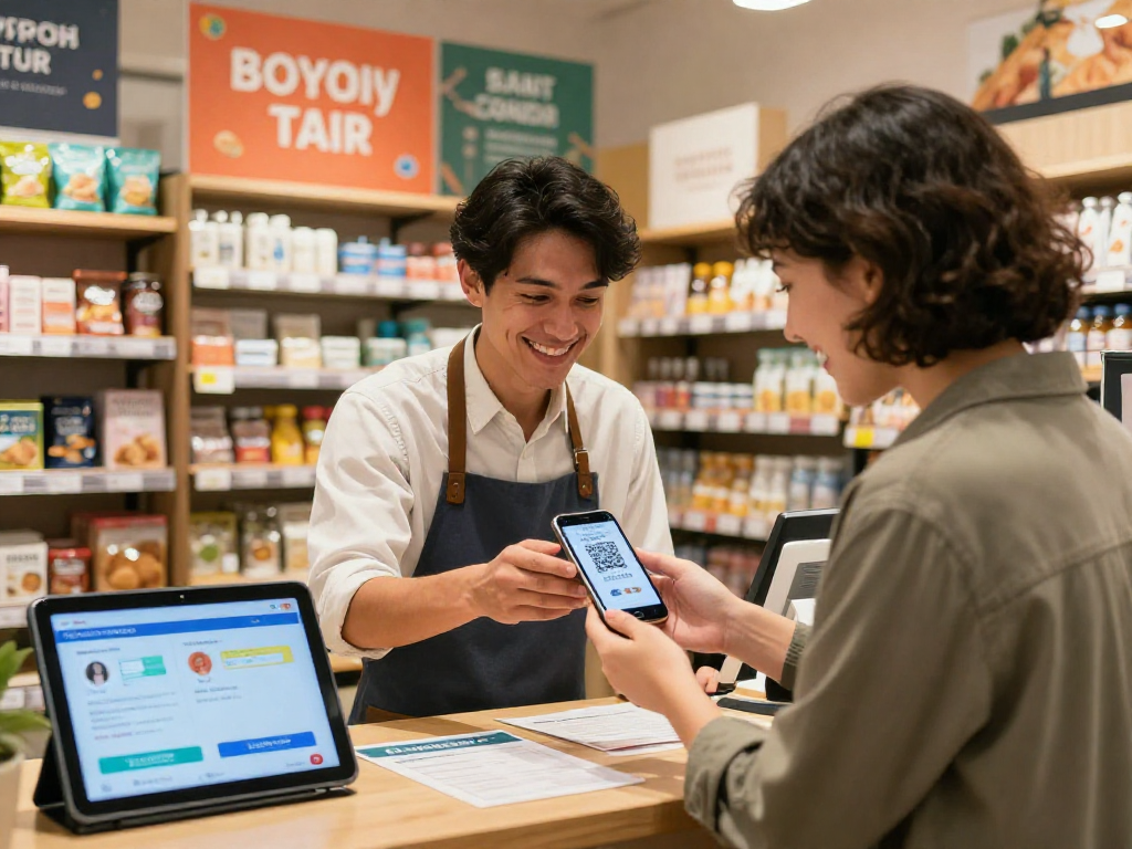 Loyalty application in action as small business owner assists customer with QR code scan for rewards and discounts in vibrant retail setting.