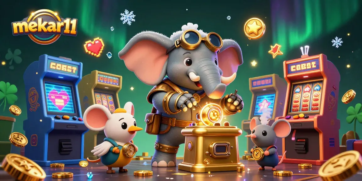 Mekar11 entertains players with thrilling slot machine action in a vibrant 3D casino scene.
