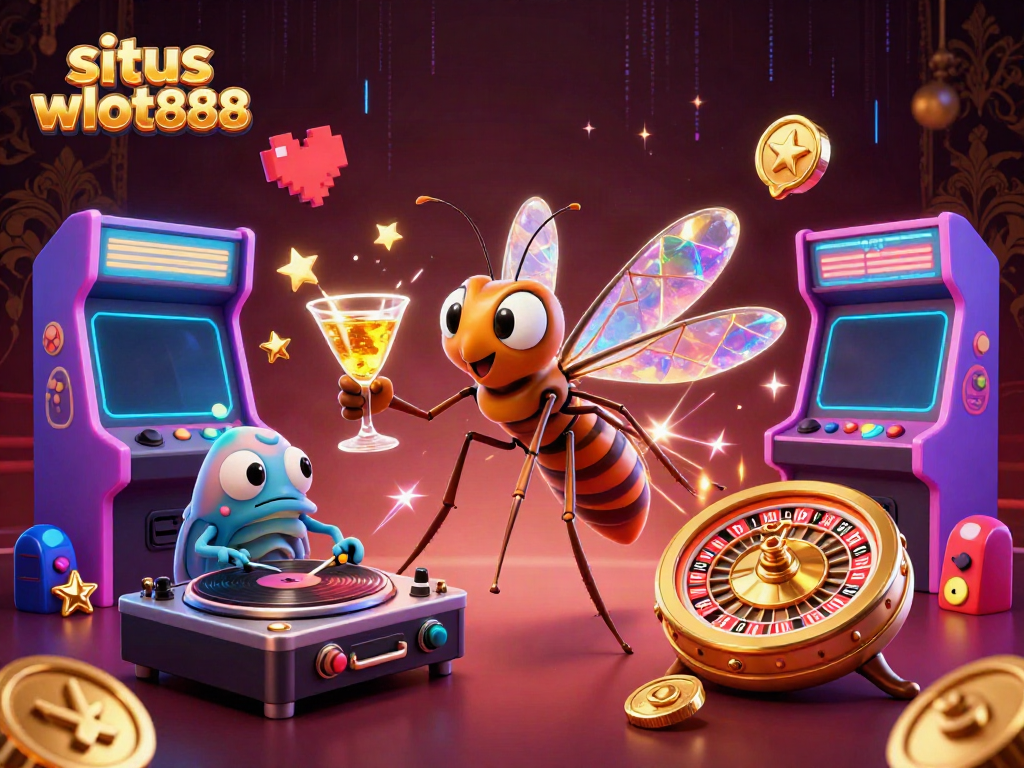 Mainkan situs wslot888, sebuah ilustrasi kasino digital yang enerjik dan penuh warna.
