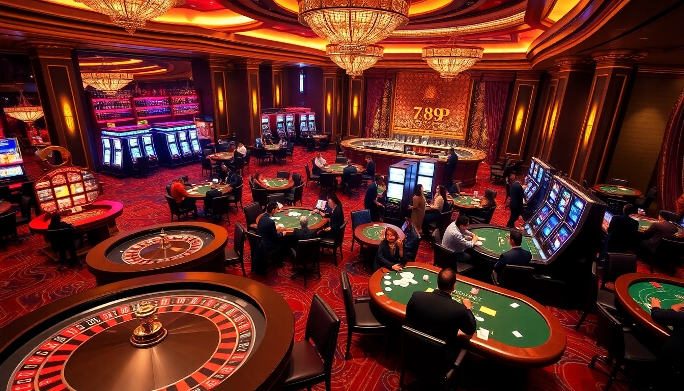 Experience the thrill of a vibrant casino atmosphere themed around 789P, showcasing various gaming options.