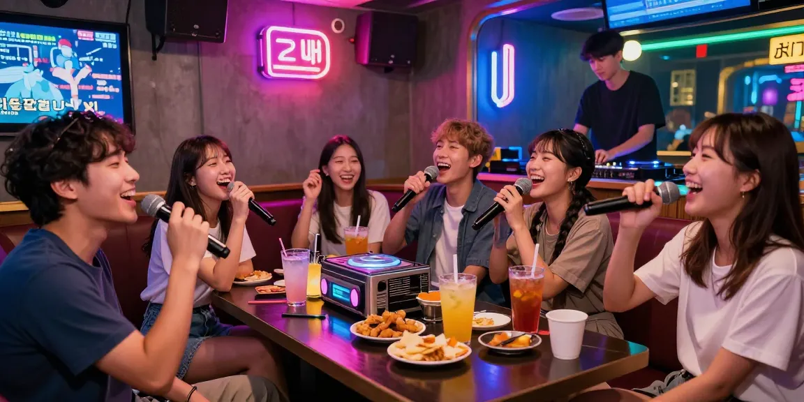 Enjoying 제주유흥 at a lively karaoke bar in Jeju Island with friends, surrounded by neon lights and drinks.