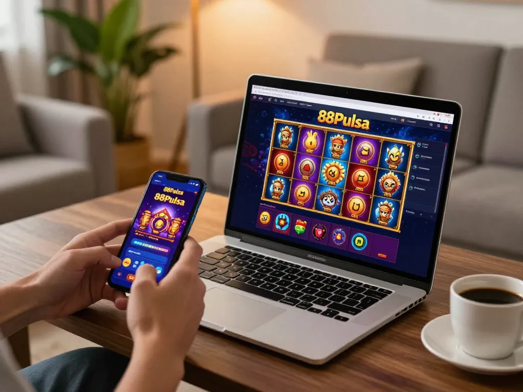 Pengalaman permainan yang menarik di permainan slot 88Pulsa di rumah, menampilkan judi online modern.