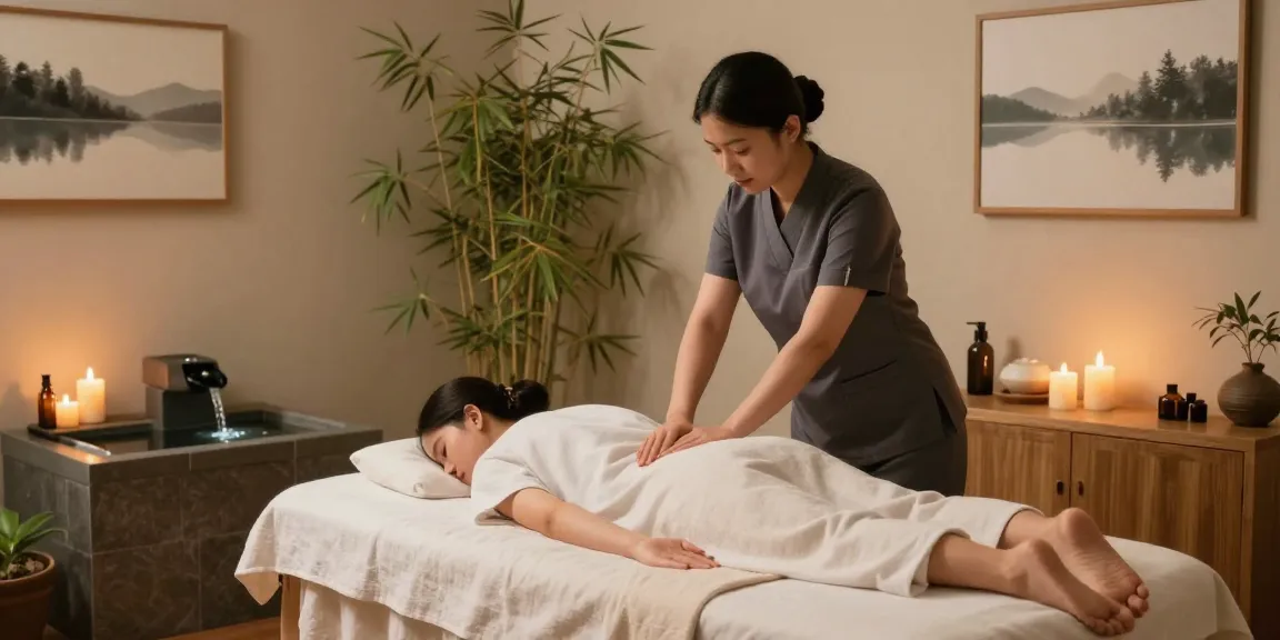 마사지 테라피 중인 전문 치료사가 아로마 오일과 함께 편안한 분위기의 마사지 룸에서 고객에게 스웨디시 마사지를 제공하는 모습