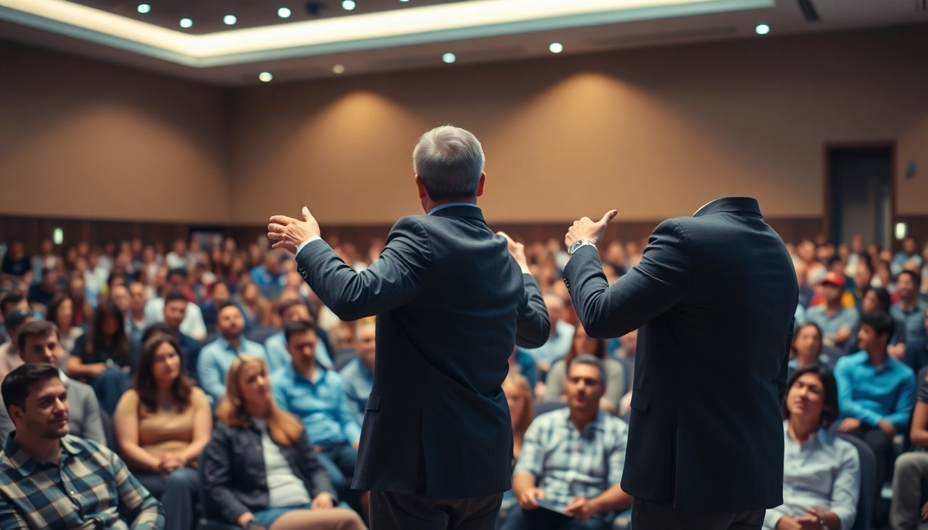 Compelling motivational speaker captivating the audience with engaging gestures and visuals.