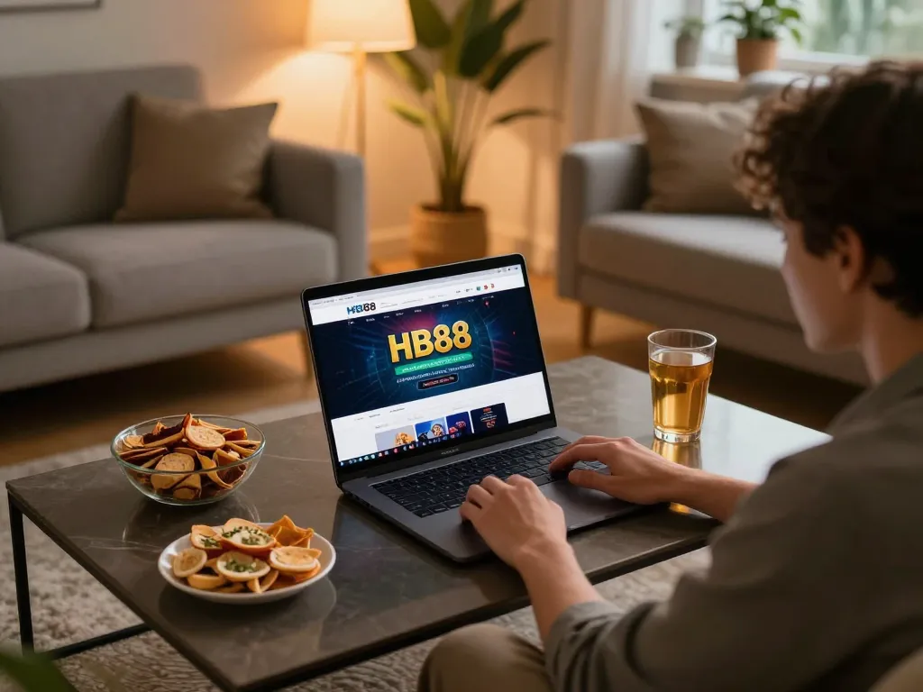 Player engaging in online gaming at home using HB88 platform, showcasing strategic betting atmosphere.