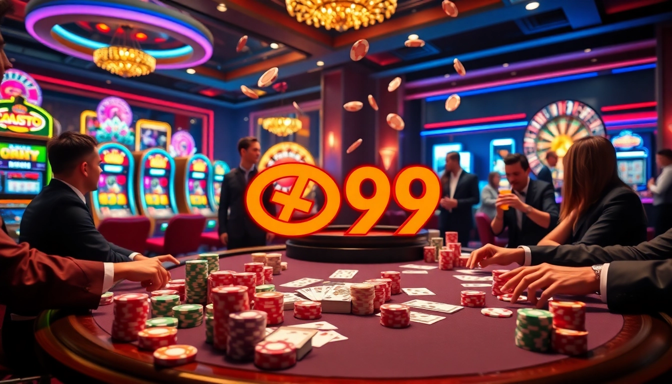 Players celebrating a win with GO99 poker chips in a luxurious casino environment.