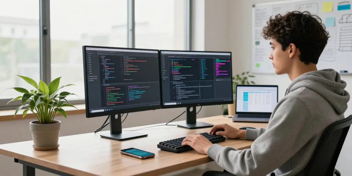 纸飞机下载 in a modern tech workspace with a developer coding on dual monitors.