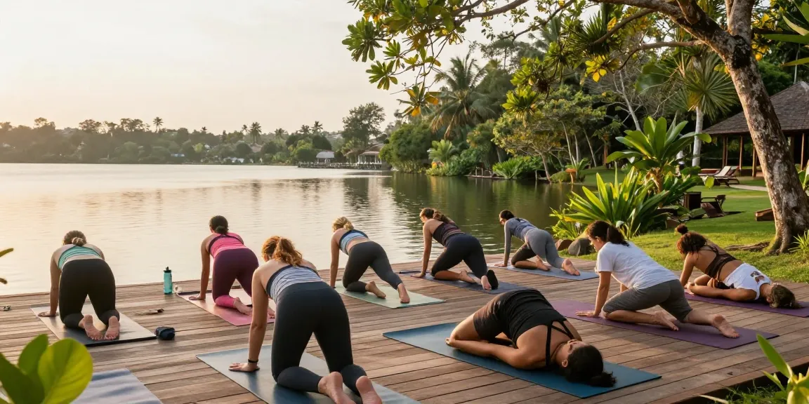Yoga retreat south coast Sri Lanka scene with diverse participants practicing Synergy Vinyasa yoga at Koggala Lake, surrounded by greenery and tranquility.