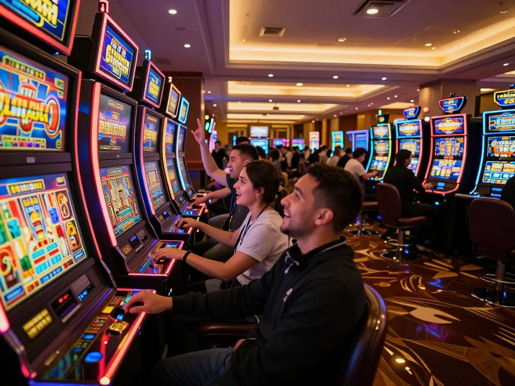 JPTOTO gaming players celebrate wins at vibrant slot machines, showcasing excitement and fun.