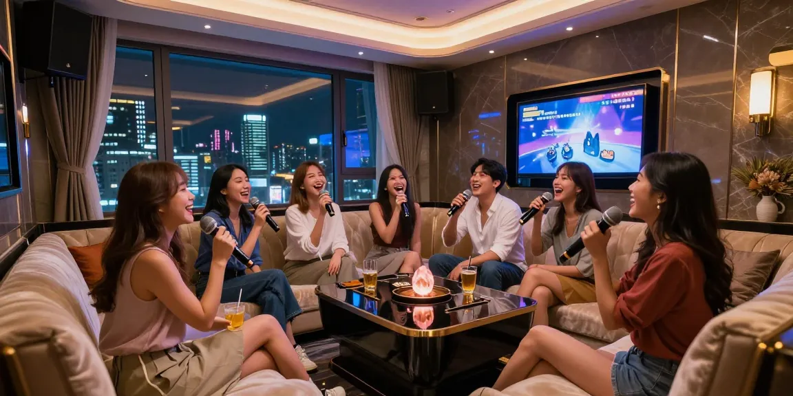강남가라오케의 고급스러운 프라이빗 룸에서 친구들이 즐겁게 노래하고 있는 모습