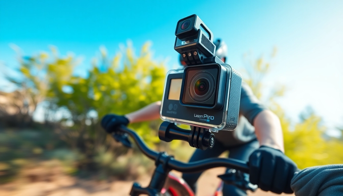 Action camera capturing mountain biking adventure in a vibrant natural setting.