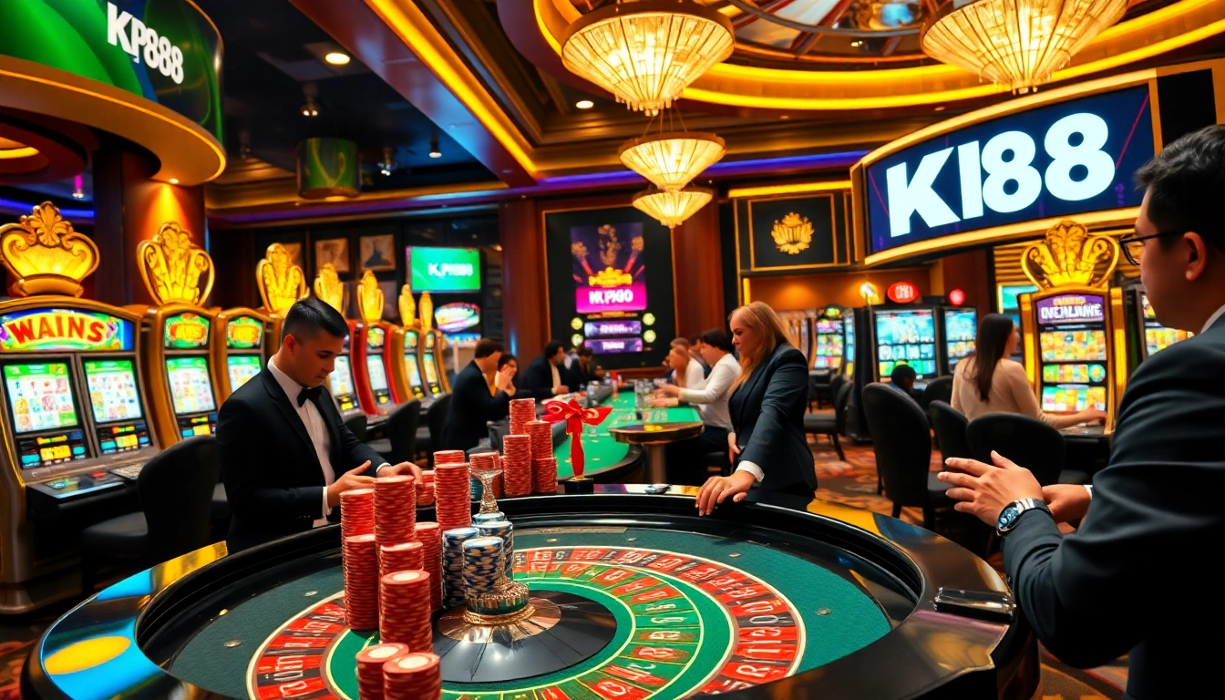 Exciting KP88 casino scene with players at roulette and slot machines.