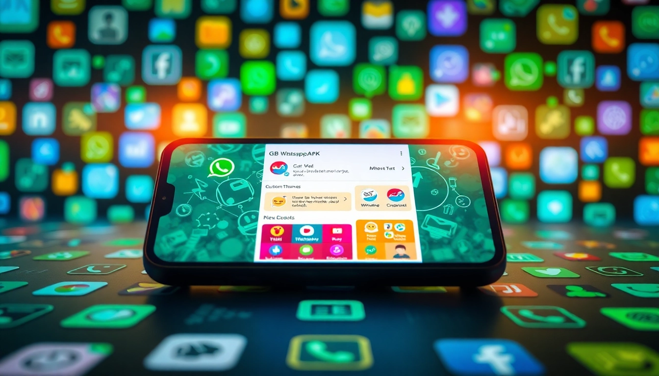 GB WhatsApp APK interface showcasing vibrant themes and user-friendly features on a smartphone screen.