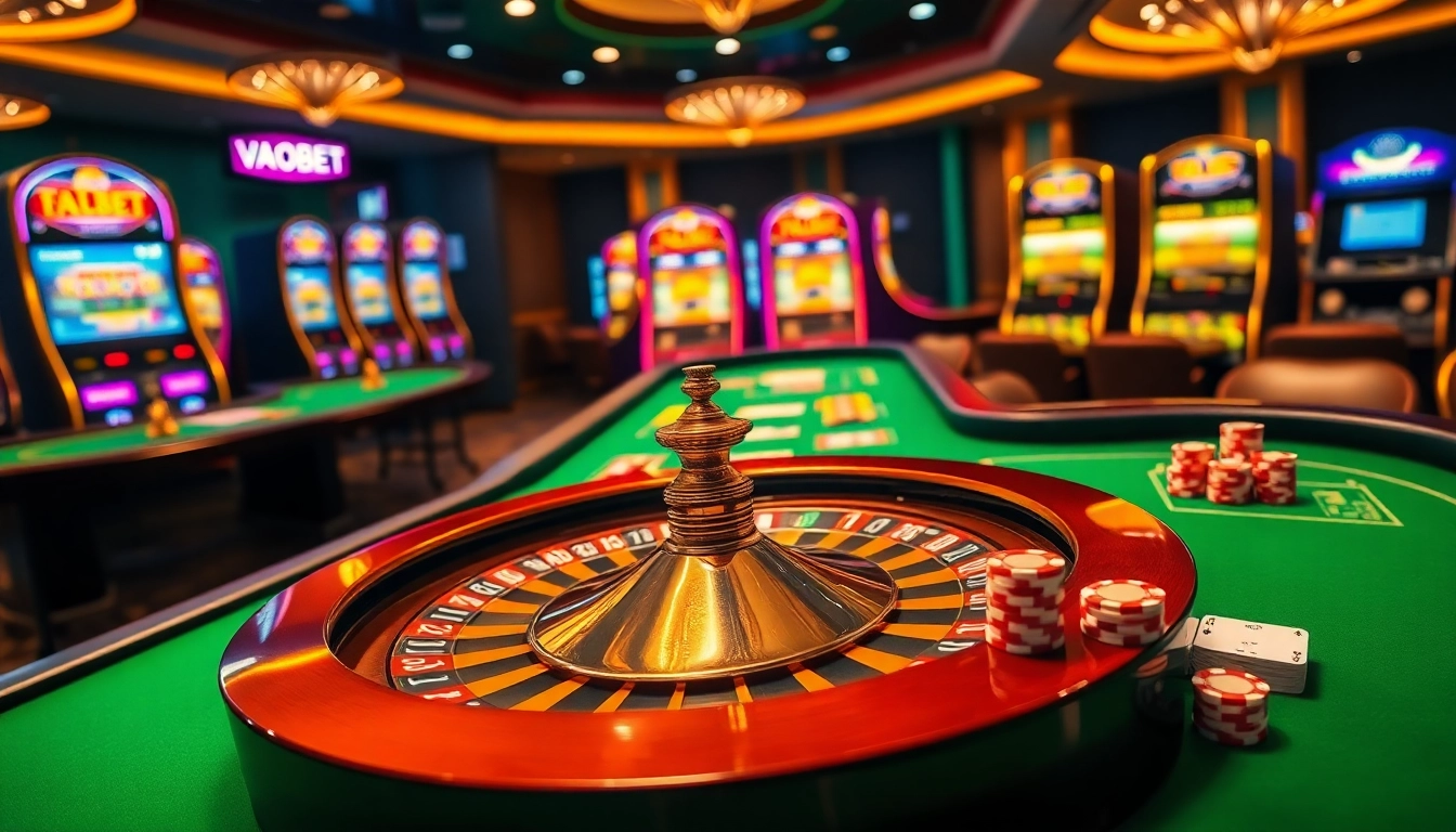 Experience luxury gaming at VAOBET with a vibrant casino scene featuring roulette and poker.