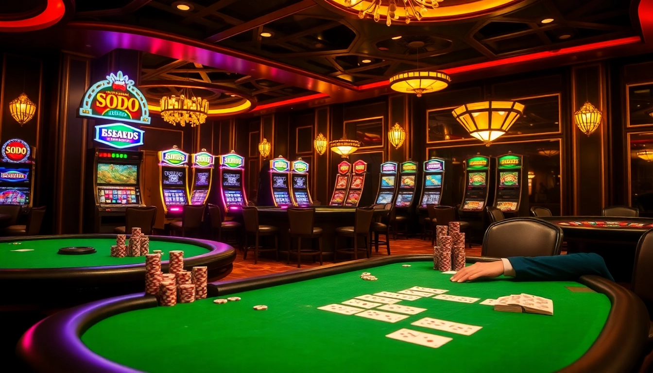 SODO-themed casino scene with vibrant poker tables, slot machines, and colorful poker chips