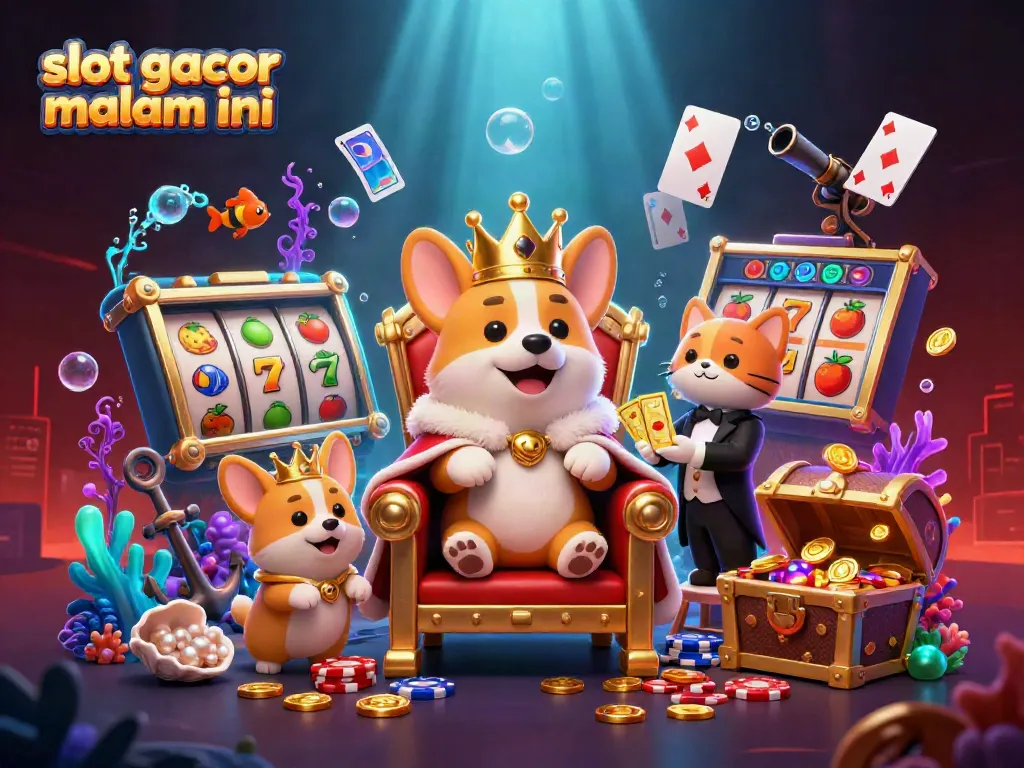 Slot gacor malam ini dalam ilustrasi 3D menunjukkan corgi royal dan elemen kasino yang glamor.