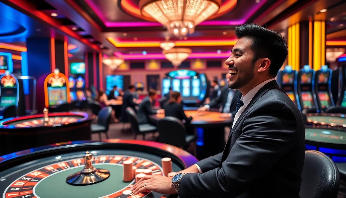 Engaging players celebrating wins at Nhà cái xin88 casino tables with vibrant atmosphere and luxury.