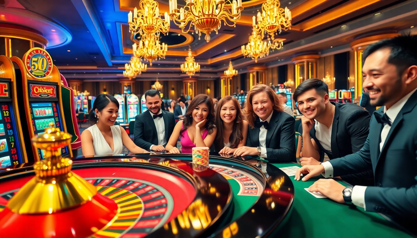 Play thrilling games at https://lucky88.at/ with cheerful gamblers enjoying their wins at the casino.