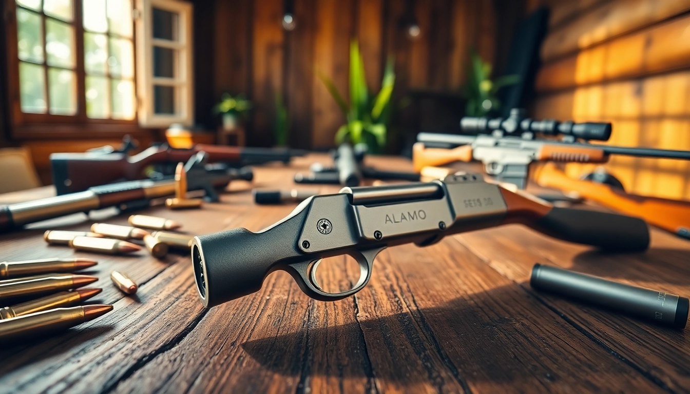 Showcase Alamo trigger on a refined shooting range table, spotlighting its detailed craftsmanship.