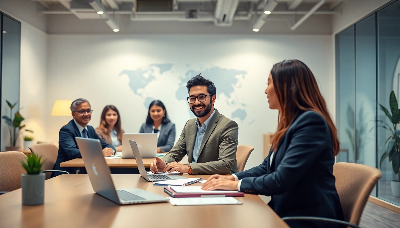 Professional team of australia migration agents collaborating in a modern office environment.