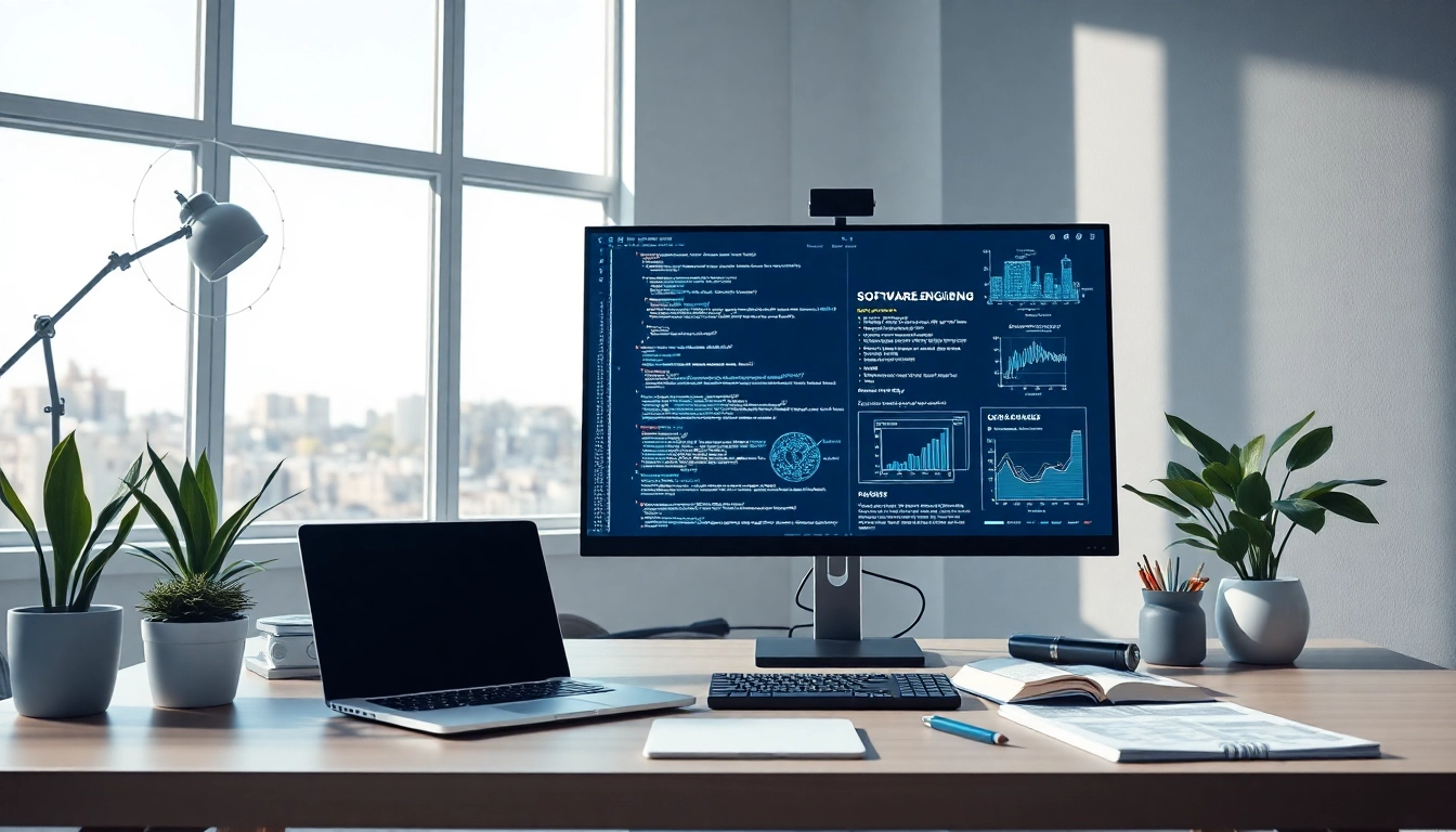 Innovative software engineering workspace showcasing coding and data visualizations.