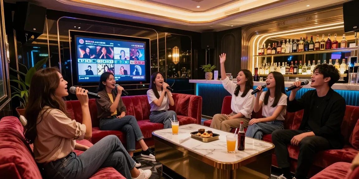 강남 가라오케에서 화려한 조명 아래 노래를 부르는 손님과 고급 음료가 있는 공간의 모습