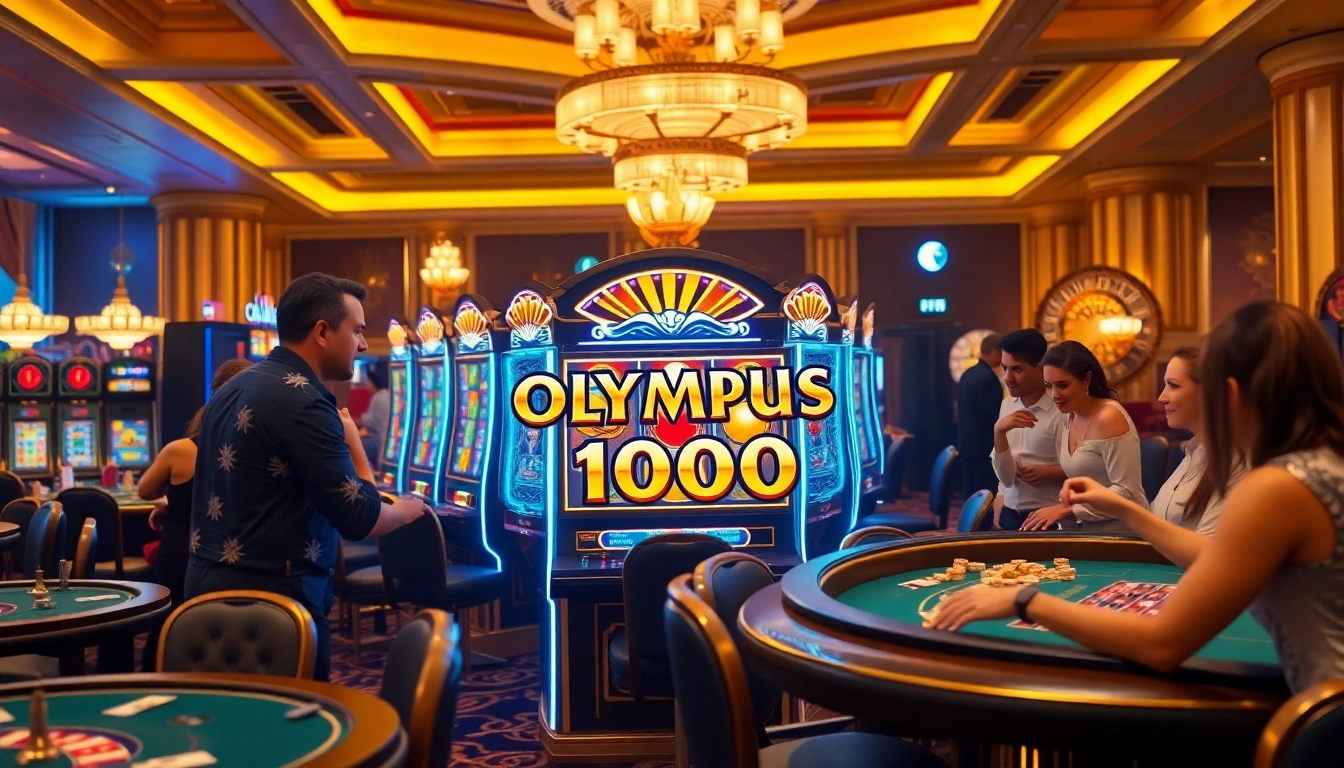 Experience the excitement of Olympus 1000 with vibrant casino visuals, showcasing slot machines and engaged players.