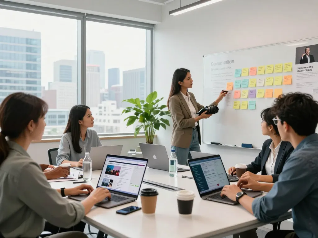 現代的なオフィスで協力する合同会社SUMXのデジタルマーケティングチーム