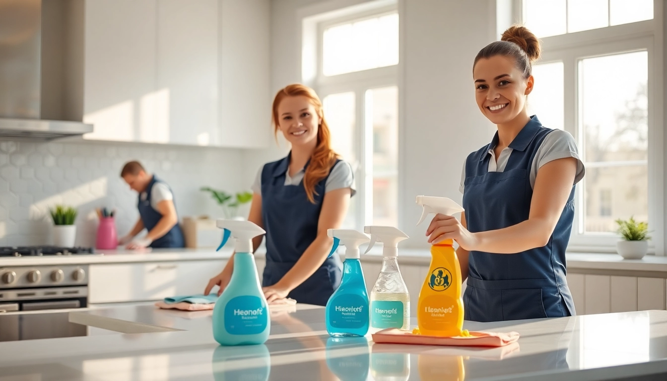 Cleaning Service professionals diligently working in a bright, modern kitchen.