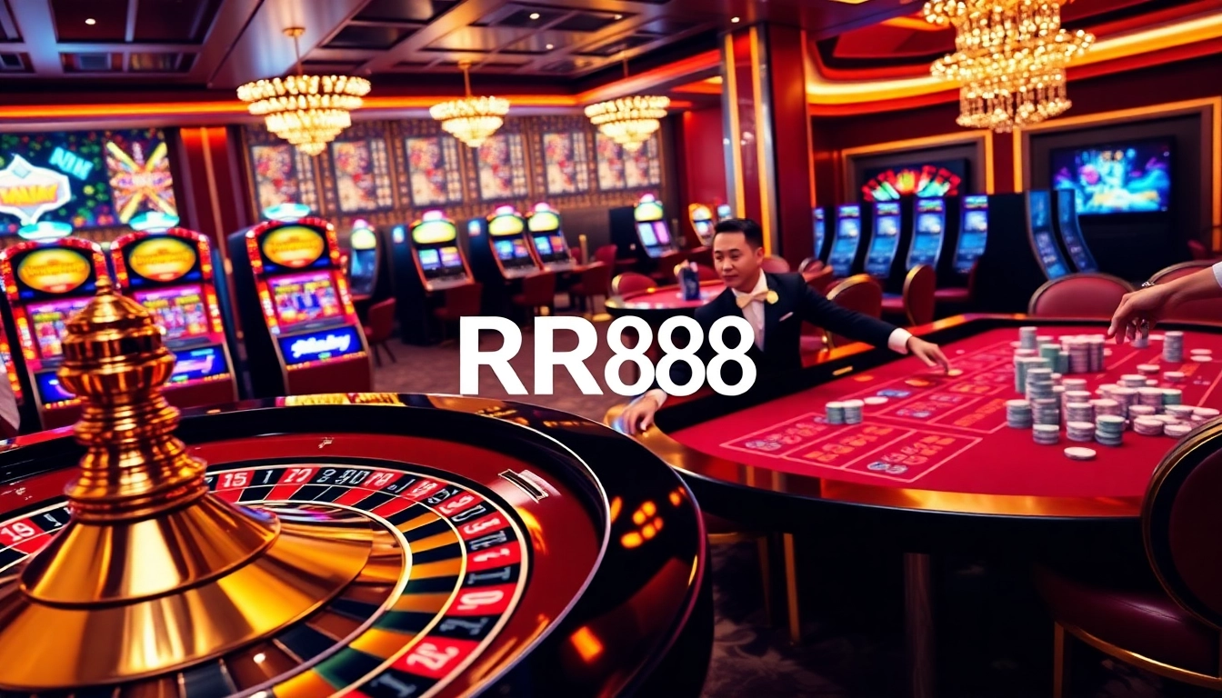 Experience the thrill of gambling at https://rr88me.com/ with a luxurious casino scene featuring roulette and poker tables.