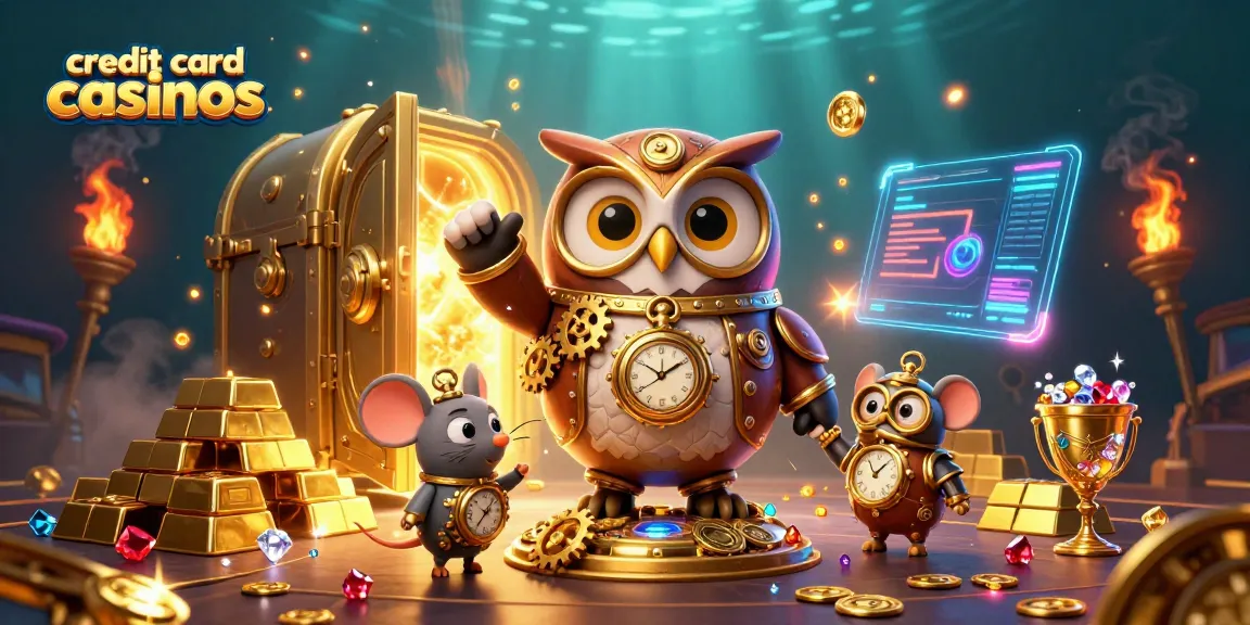 Experience thrilling gameplay at credit card casinos with a time-traveler owl and vibrant casino elements.