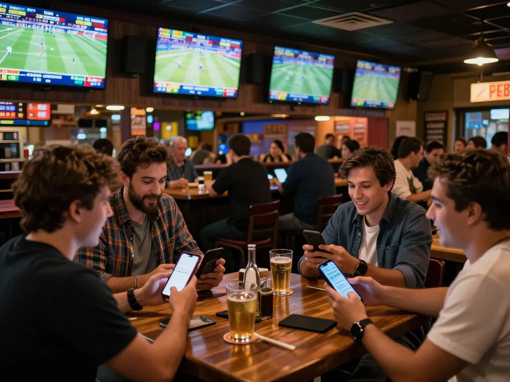 Bongdalu users engaged in dynamic sports betting, placing wagers at a lively sports bar.