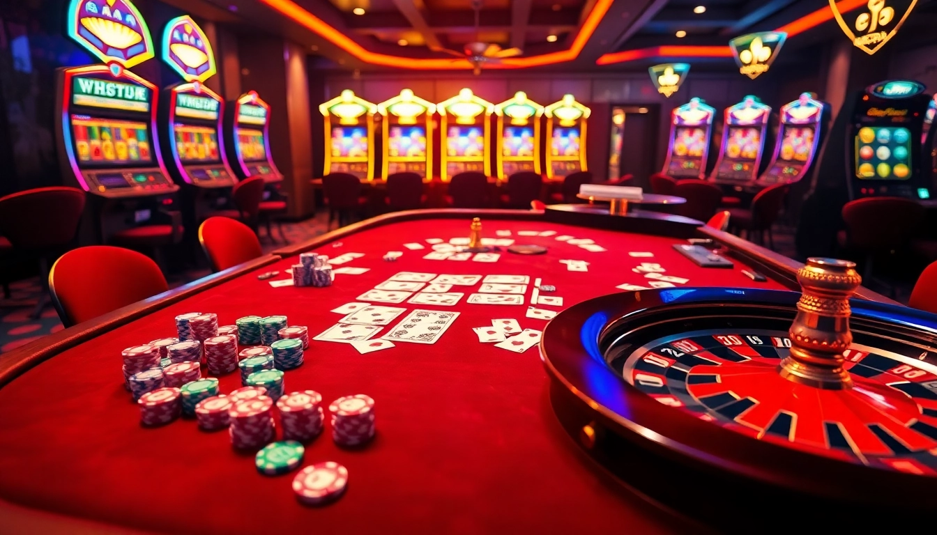 Adegan kasino yang menarik menampilkan Datukwin dengan kartu berwarna-warni, chip, dan roda roulette.