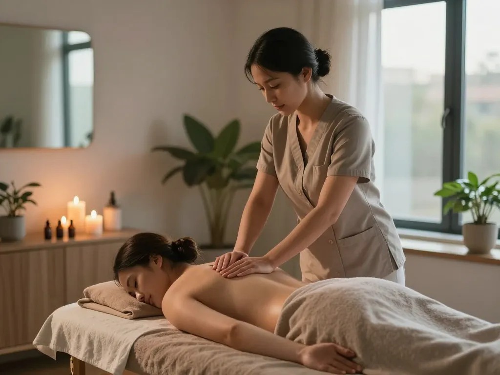 Relaxing aromatherapy massage by a professional at https://www.maxim-anma.net in a serene home setting.