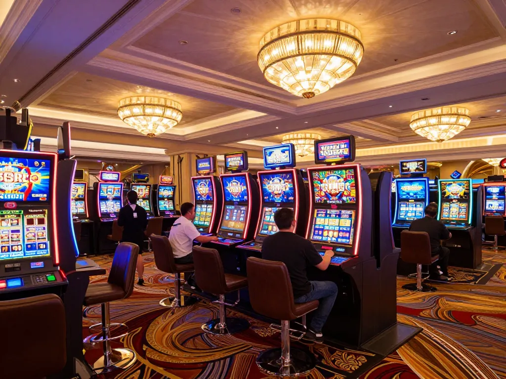 I9BET players celebrating a big win at a vibrant casino with slot machines and luxury decor