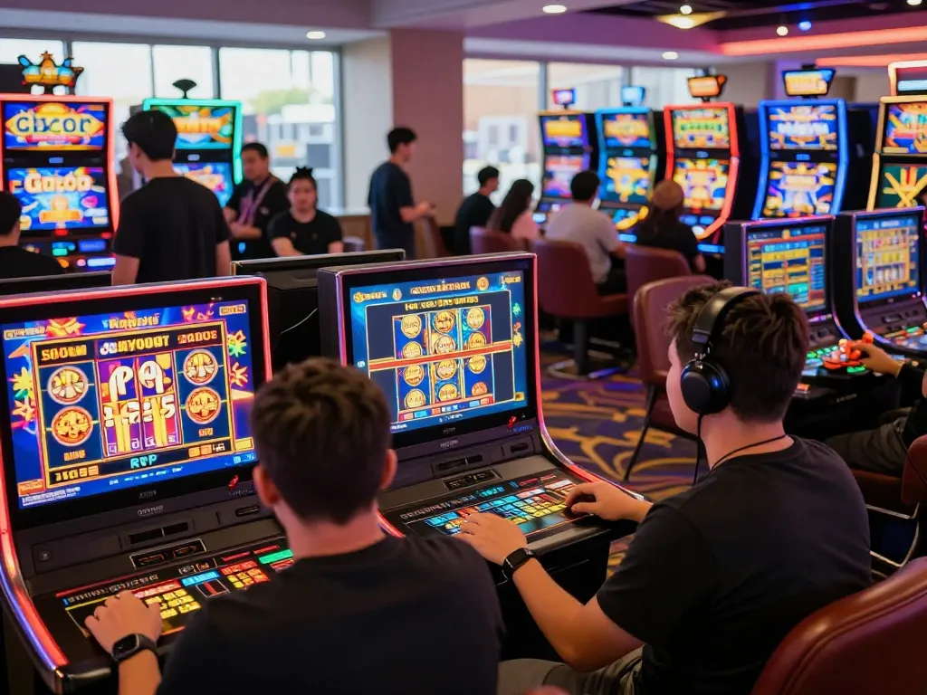 Players immersed in the slot gacor experience at a vibrant online casino, showcasing excitement and fun.