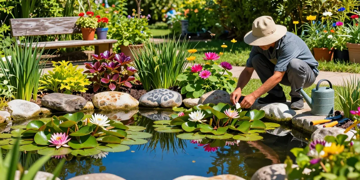 Buy Pond Plants Online: Gardener caring for colorful pond plants in serene garden setting.