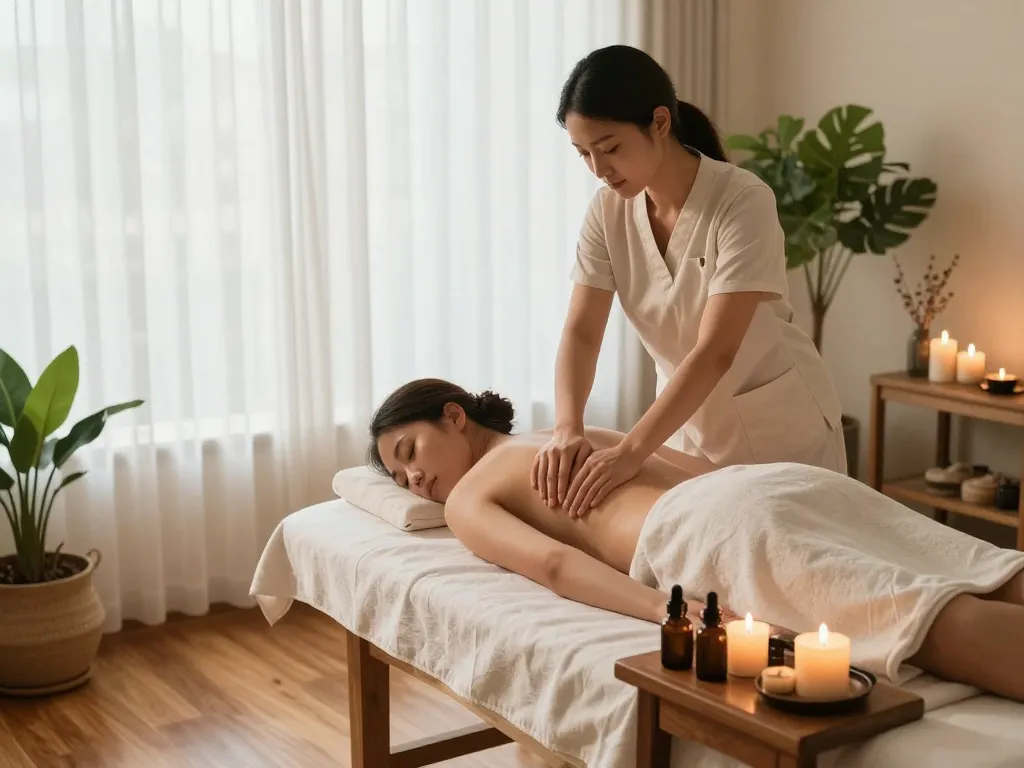 Relaxing 서초스웨디시 massage scene with serene spa environment and professional therapist.