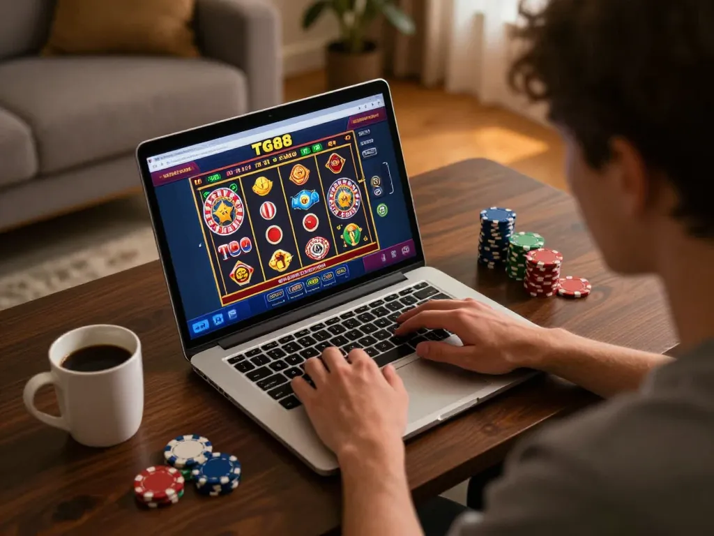 Player engages with TG88 online casino on a laptop, immersed in strategic gaming.
