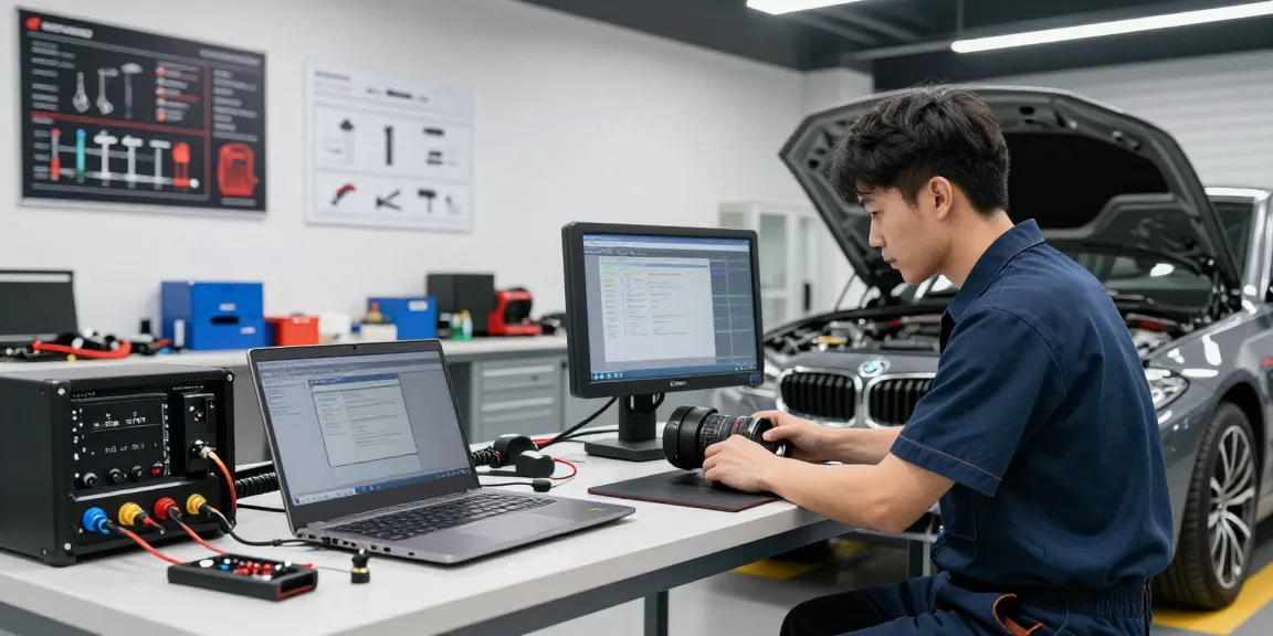 Chiptuning Hannover – Mechaniker führt professionelle ECU-Optimierung an einem BMW in einer Werkstatt durch.