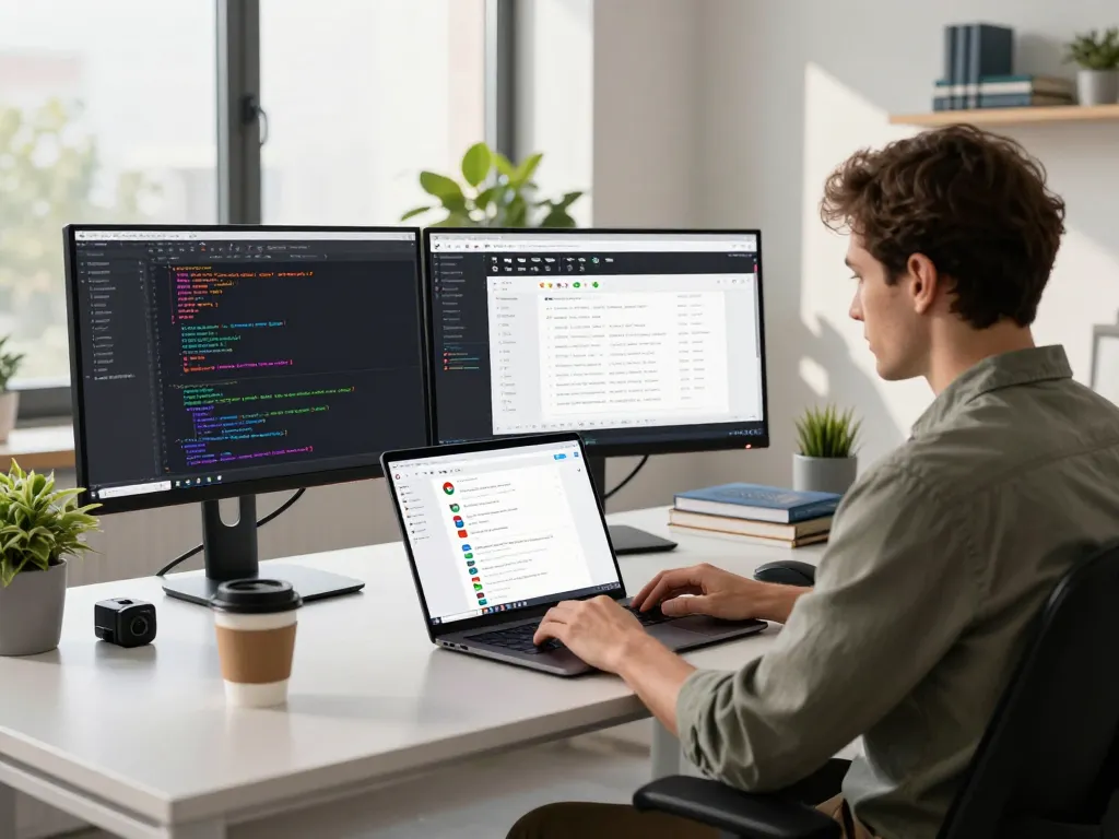 Experience the speed and efficiency of 谷歌浏览器 in a modern workspace setting with a developer using dual monitors.