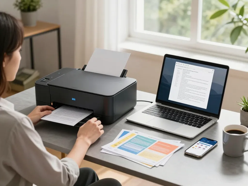 Smart printer in a modern home office setup with a user preparing documents.