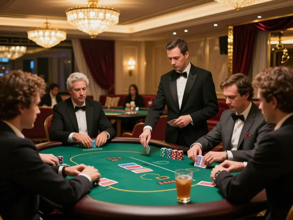 VIP players engaging in intense poker gameplay in an upscale casino setting, showcasing strategic focus and luxury elements.