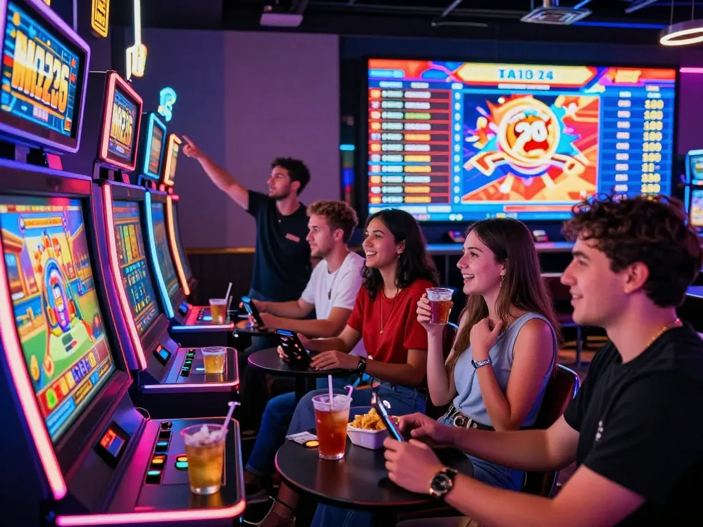 Engaging gaming experience at vegasslot77.com with friends in a vibrant casino setting.