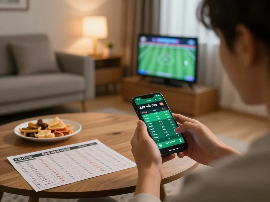 Kèo nhà cái app interface displaying live odds during an online betting session in a cozy home.