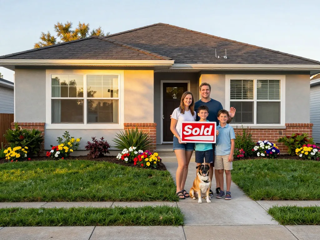 we buy houses for cash family celebrating successful home sale in suburban neighborhood