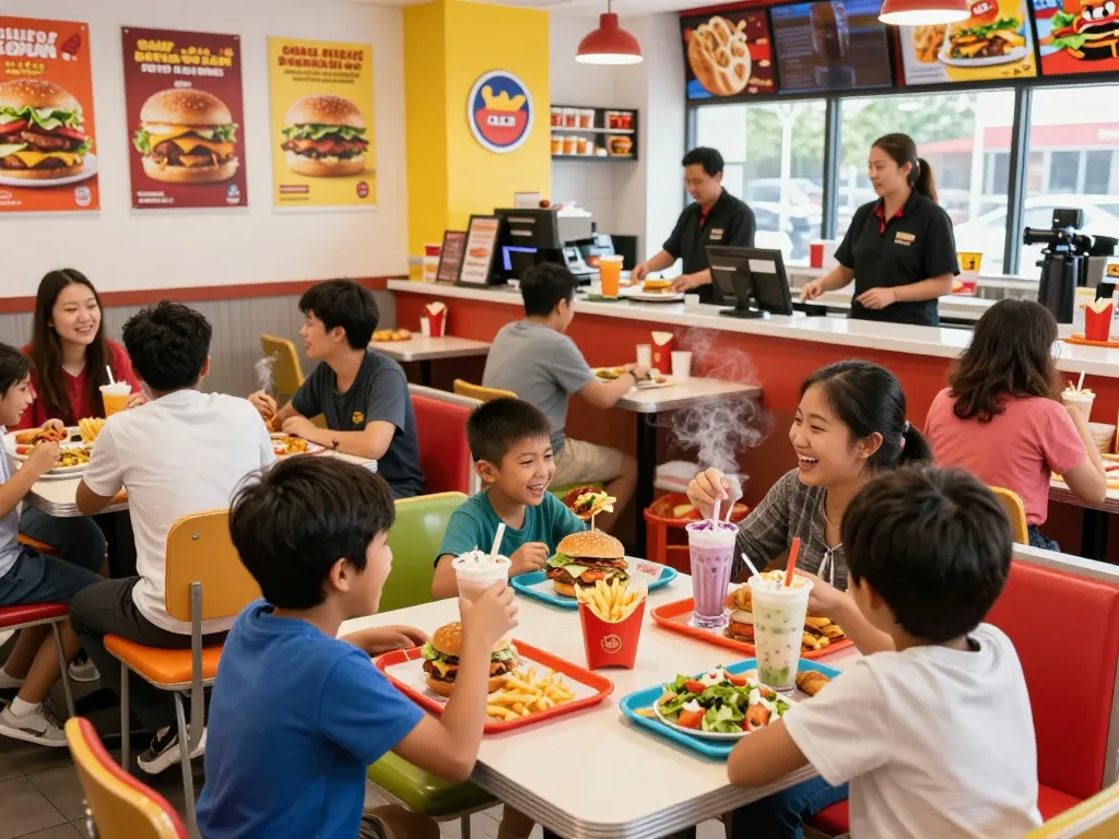 Fast food menu scene at a bustling restaurant with families enjoying meals.