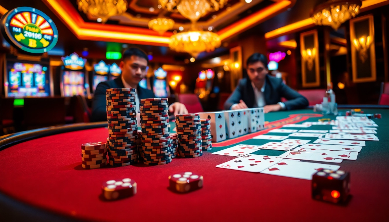 Gamblers enjoy a luxurious poker game at kp88 casino, surrounded by vibrant slot machines and shining poker chips.
