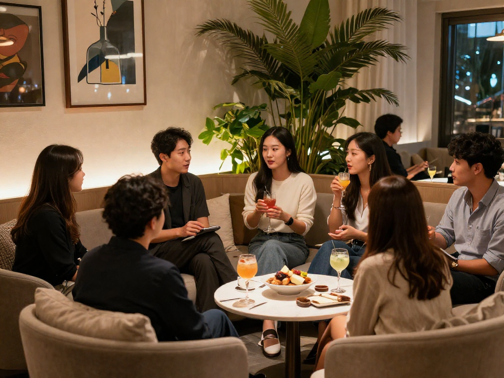 강남쩜오에서 친구들과 즐거운 시간을 보내는 모습으로 따뜻하고 세련된 분위기를 강조한 사교적인 장면