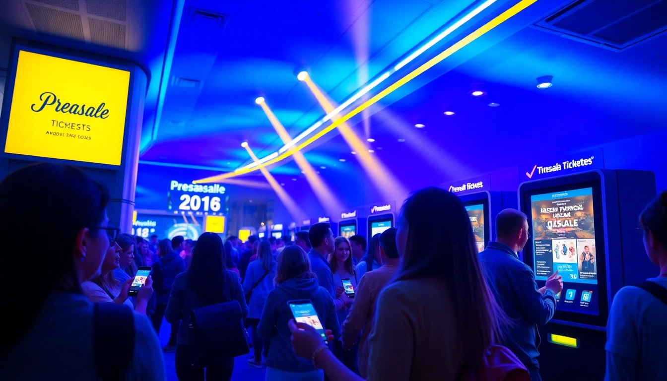 Vibrant presale ticketing event featuring excited attendees engaging with digital kiosks and vibrant displays.